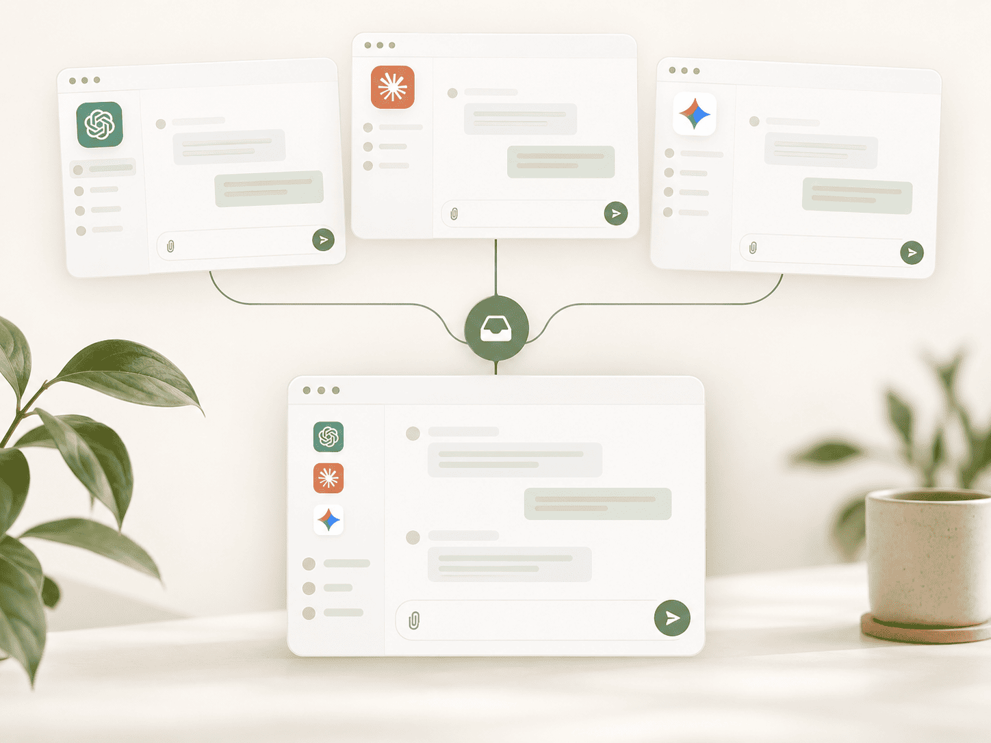 Overlapping chat windows for a multi-model workflow